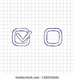 Checklist sign icon. Hand drawn picture on paper sheet. Blue ink, outline sketch style. Doodle on checkered background