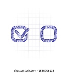 Checklist sign icon. Hand drawn sketched picture with scribble fill. Blue ink. Doodle on white background