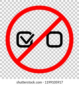 Checklist sign icon. Not allowed, black object in red warning sign with transparent background