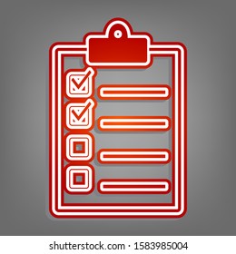 Checklist sign illustration. Flat red icon with linear white icon with gray shadow at grayish background. Illustration.