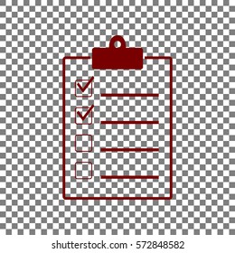 Checklist sign illustration. Maroon icon on transparent background.