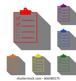 Checklist sign illustration. Set of red, orange, yellow, green, blue and violet icons at white background with flat shadow.