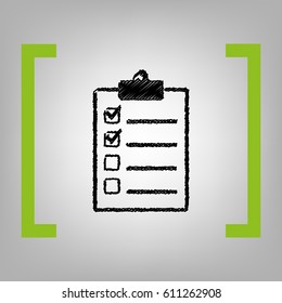 Checklist sign illustration. Vector. Black scribble icon in citron brackets on grayish background.
