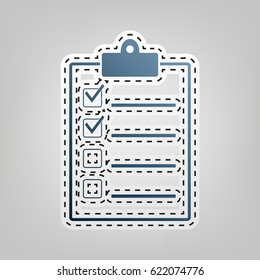 Checklist sign illustration. Vector. Blue icon with outline for cutting out at gray background.