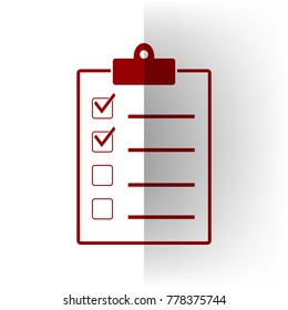 Checklist sign illustration. Vector. Bordo icon on white bending paper background.
