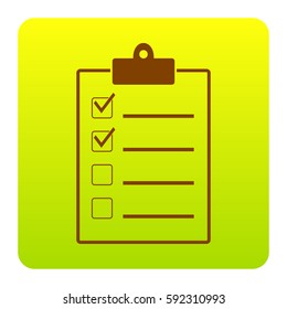 Checklist sign illustration. Vector. Brown icon at green-yellow gradient square with rounded corners on white background. Isolated.