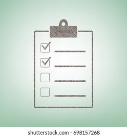 Checklist sign illustration. Vector. Brown flax icon on green background with light spot at the center.