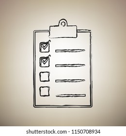 Checklist sign illustration. Vector. Brush drawed black icon at light brown background.
