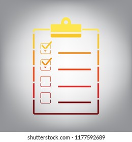Checklist sign illustration. Vector. Horizontally sliced icon with colors from sunny gradient in gray background.