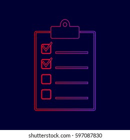 Checklist sign illustration. Vector. Line icon with gradient from red to violet colors on dark blue background.