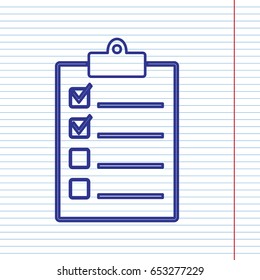 Checklist sign illustration. Vector. Navy line icon on notebook paper as background with red line for field.