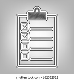 Checklist sign illustration. Vector. Pencil sketch imitation. Dark gray scribble icon with dark gray outer contour at gray background.