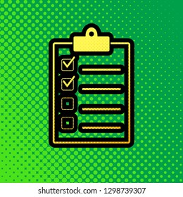 Checklist sign illustration. Vector. Pop art orange to yellow dots-gradient icon with black contour at greenish background.