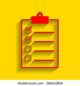 Checklist sign illustration. Vector. Red icon with soft shadow on golden background.