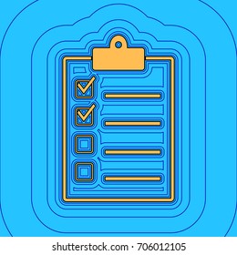 Checklist sign illustration. Vector. Sand color icon with black contour and equidistant blue contours like field at sky blue background. Like waves on map - island in ocean or sea.