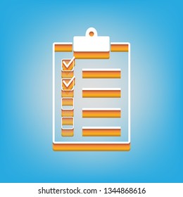 Checklist sign illustration. Vector. White icon with 3d warm-colored gradient body at sky blue background.