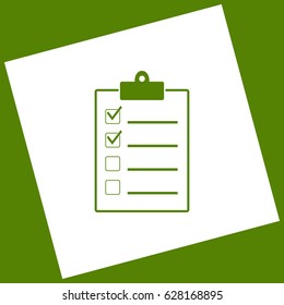 Checklist sign illustration. Vector. White icon obtained as a result of subtraction rotated square and path. Avocado background.