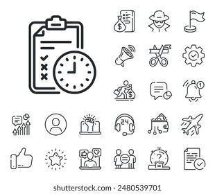 Checklist sign. Salaryman, gender equality and alert bell outline icons. Exam time line icon. Exam time line sign. Spy or profile placeholder icon. Online support, strike. Vector