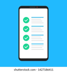 Checklist. Smartphone with green checkmarks. Check marks, ticks on mobile phone screen. Survey, check list, complete, application form, questionnaire concepts. Vector Illustration