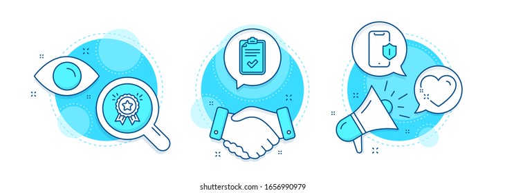 Checklist, Smartphone protection and Loyalty award line icons set. Handshake deal, research and promotion complex icons. Heart sign. Survey, Phone, Bonus medal. Love. Vector