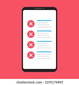 Checklist. Smartphone with red x marks. Crossmarks on mobile phone screen. Survey, check list, failure, failed task, incorrectly filled form, survey concepts. Vector Illustration