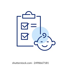 Checklist and smiling baby. Infant health checkup and medical insurance. Pixel perfect, editable stroke icon