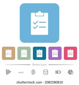 Checklist solid white flat icons on color rounded square backgrounds. 6 bonus icons included