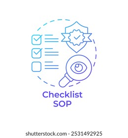 Checkliste aufhören blaue Farbverlauf Konzept Symbol. Aufgabenliste, Arbeitsanweisungen. Einhaltung behördlicher Auflagen Runde Liniendarstellung. Abstrakte Idee. Grafikdesign. Benutzerfreundlich in Infografik, Präsentation