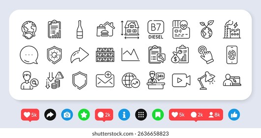 Checklist, Spanner and Deflation line icons pack. Social media: share, comment, like icons. New mail, Electricity factory, Food delivery web icon. Fingerprint, Video camera, Report pictogram. Vector