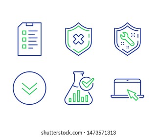 Checklist, Spanner and Scroll down line icons set. Chemistry lab, Reject protection and Portable computer signs. Data list, Repair service, Swipe arrow. Laboratory flask. Technology set. Vector
