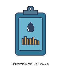 checklist with statistics bars and oil drop fill style vector illustration design