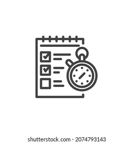 Icono de lista de verificación y línea de cronómetro. signo de estilo lineal para concepto móvil y diseño web. Icono del vector de contorno del planificador de administración de tiempo. Símbolo, ilustración del logotipo. Gráficos vectoriales