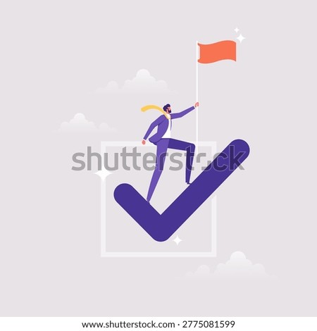 Checklist to succeed and achieve goal, winner progress, planning, finish work concept, success businessman holding winner flag on checklist