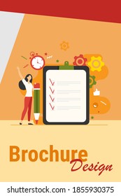 Checklist or survey concepts. Woman with pencil checking boxes in task list. Vector illustration for business success, goal achievement, tasks complete topics