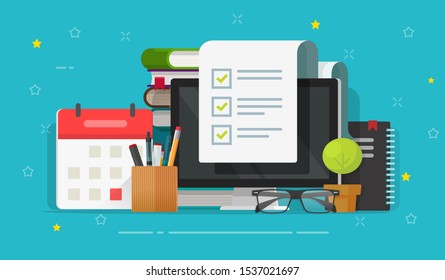 Checklist survey document on computer and working desk table vector, flat cartoon pc checkmarks exam paper form or to do list with checkboxes, online quiz or done test, education or study workplace