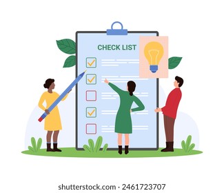 Checklist survey form with ticks, questionnaire and task list filling. Tiny people holding pencil and light bulb to write check mark in paper document on clipboard cartoon vector illustration