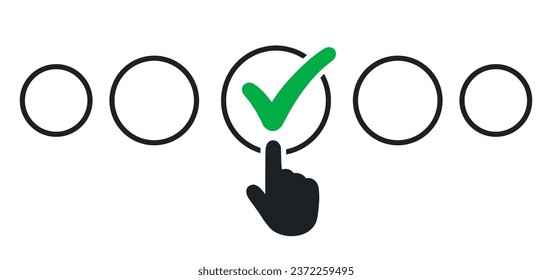 Checklist survey, hand chooses check mark on checklist, filling online form or answering questions, online survey, evaluation - stock vector