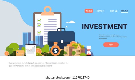 Checklist Survey Investment Property Business Concept Money Graph Buildings Finance Investments Horizontal Flat Copy Space Vector Illustration