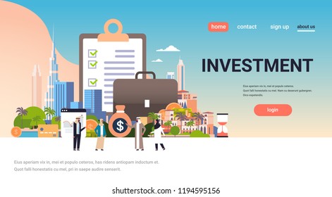 checklist survey investment property business concept money graph buildings finance investments arabic people communication horizontal flat copy space vector illustration