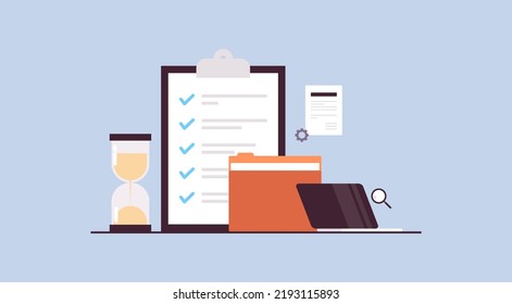 Checklist survey project management working together paper document success planning schedule concept flat vector illustration.
