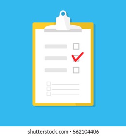 checklist survey, questionnaire icon isolated on blue. Clipboard button, tablet, paper, tick. Flat vector design for web site, mobile app