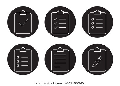Checklist, survey or report editable stroke outline icon isolated on white background flat set of a vector illustration. Black Color. Checklist icon. Clipboard icon. Eps 10
