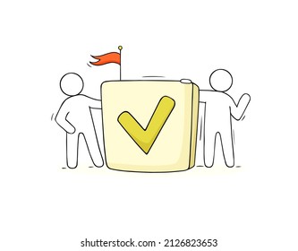 Checklist, survey or test with tick marks and doodle people with flag. Vector hand drawn illustration with check box and tick sign