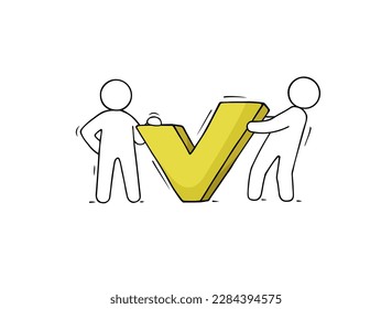 Checklist, survey or test with tick marks and doodle people. Vector hand drawn illustration with check mark, tick sign
