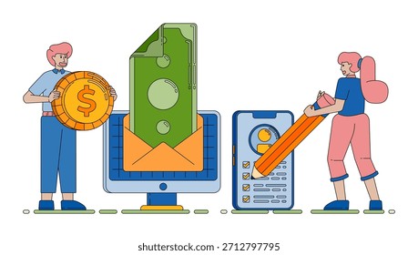 checklist and survey tools for analyzing revenue and income performance with simple review and financial tracking visuals vector cartoon. Can be used for cartoon, website, banner, brosur, flayer