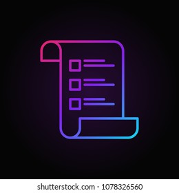 Checklist or survey vector colored concept icon or symbol in thin line style on dark background