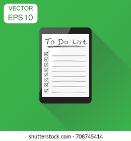 Checklist with tablet computer icon. Business concept task laptop pictogram. Vector illustration on green background with long shadow.