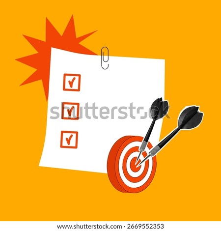 Checklist and target illustration, retro collage with darts and paper sheet for productivity, planning and business goals