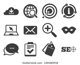 Checklist, target and mail signs. Discount offer tag, chat, info icon. Internet, seo icons. Mask, download cloud and magnifier symbols. Classic style signs set. Vector