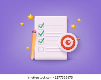 Checklist with target. Successful completion of business tasks. 3D Web Vector Illustrations.